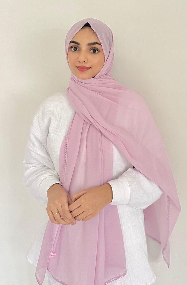 Misty lavender chiffon crochet lace hijab