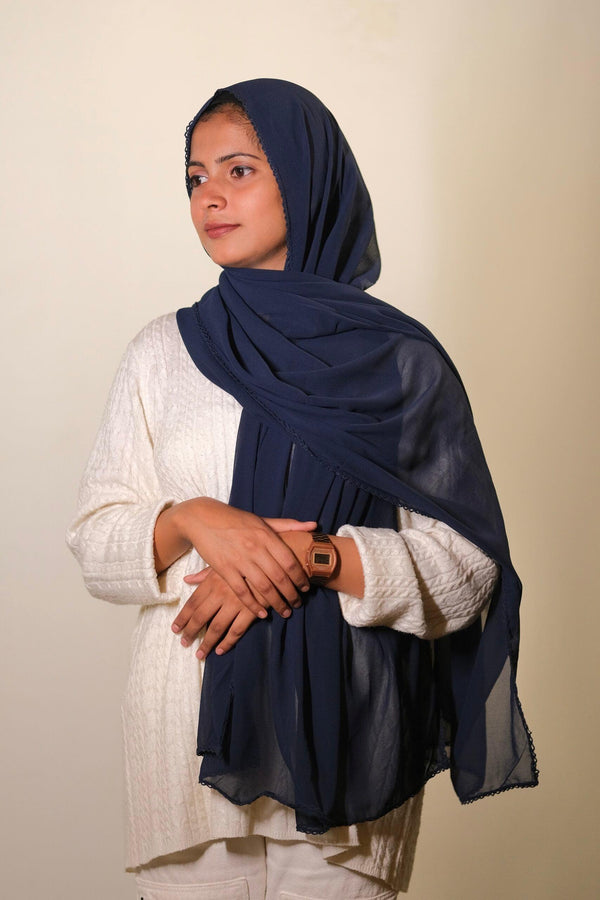 Oxford blue Chiffon Crochet lace hijab