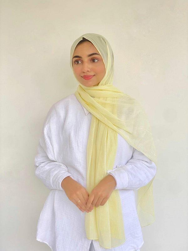 Pastel yellow metallic chiffon hijab