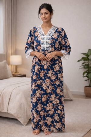 Navy Blue and Orange Floral Imported Dubai Nighty