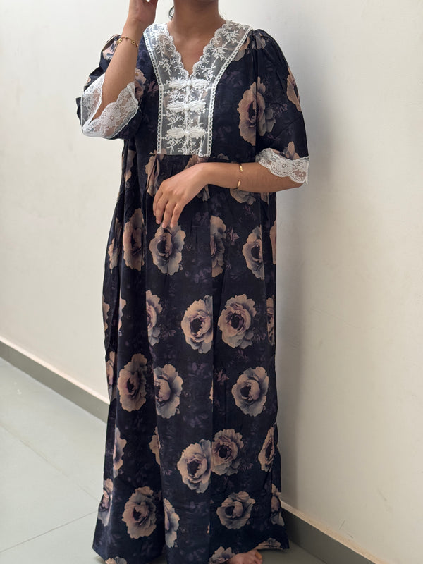 Black and Beige Floral Imported Dubai Nighty