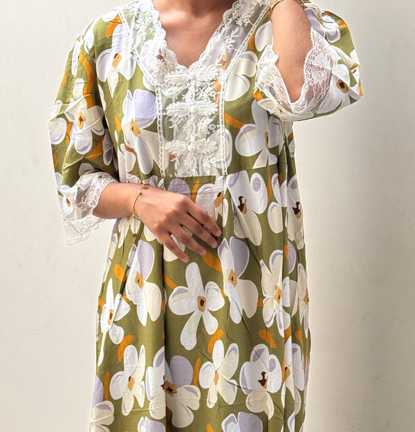 Olive Green Floral Imported Dubai Nighty