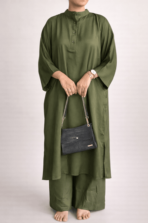 Imported Satin Olive Green Co-ord  Set Dress