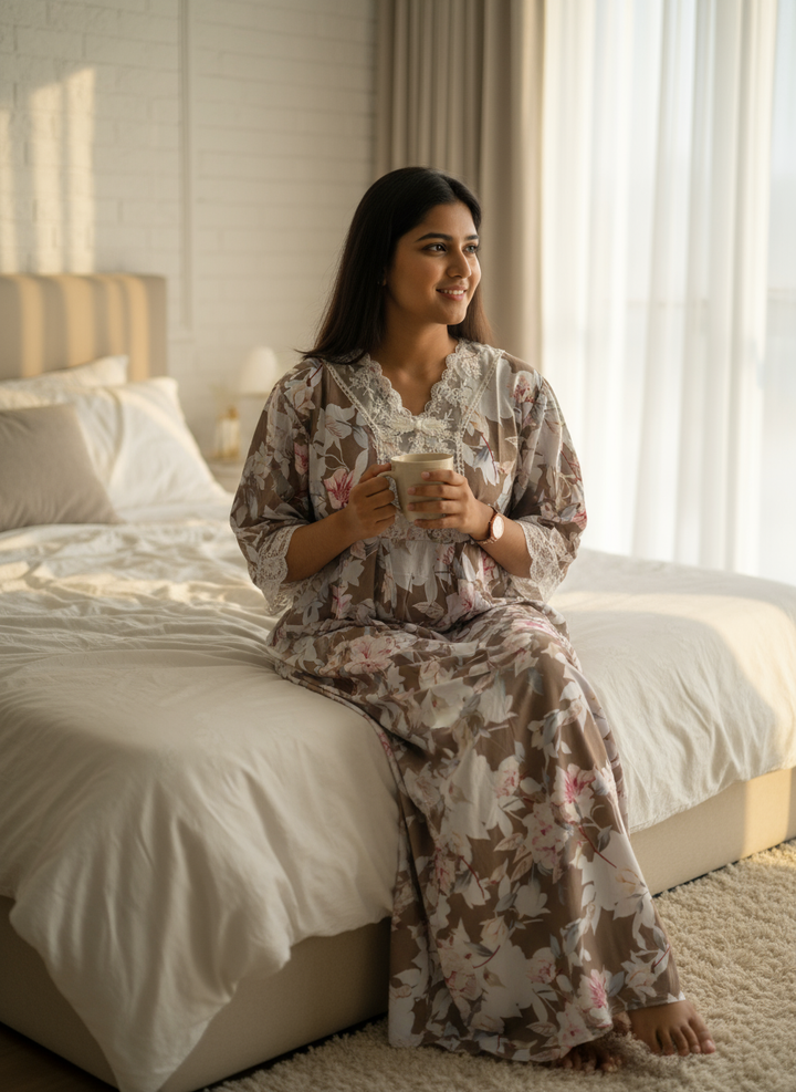 Beige and White Nighty Model Photo