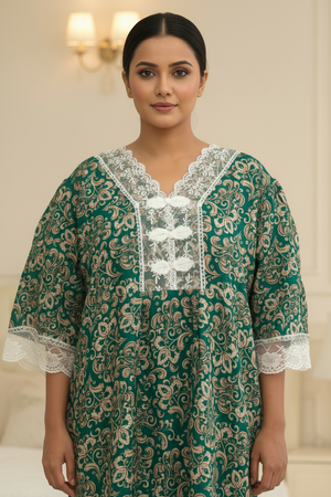Emerald Green With White Lace Imported Dubai Nighty