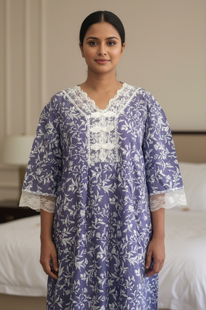 Dusty Blue  With White Lace Imported Dubai Nighty