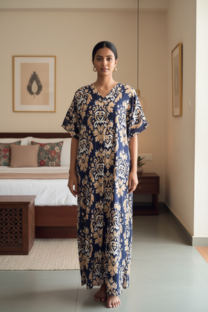 Navy Blue Damask Printed  Dubai Nighty