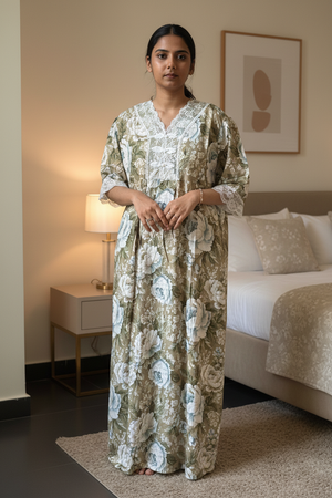 Olive Green & White Rose Imported Dubai Nighty