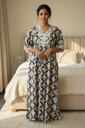 Black With Yellow Floral Imported Dubai Nighty