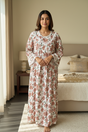 White & Coral Floral Full sleeve Imported Dubai Nighty