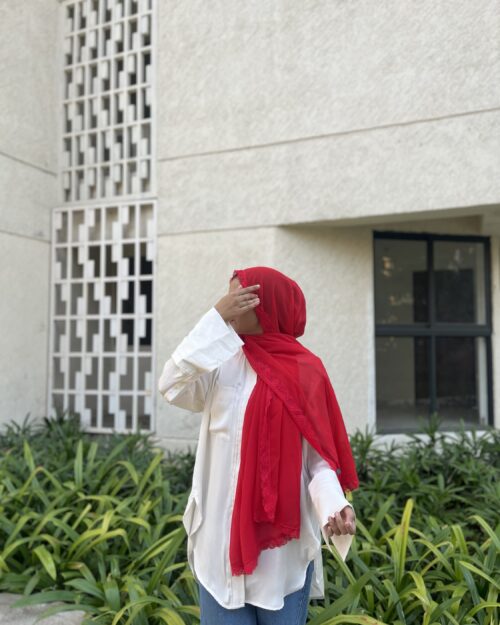 True red laced chiffon hijab